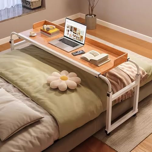 GUHPZA Table De Lit Réglable en Hauteur, Bureau De Lit Portable avec roulettes, Support D'Ordinateur Roulant avec Plateau De Nourriture, Table De Lit pour Usage Médical,Bois