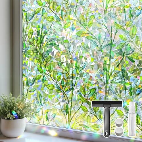 Mgood Stained Glass Window Film Privacy Film for Glass Windows Green Leaf Pattern Rainbow Window Film Decorative Anti UV Static Cling Window Vinyl for Home Bedroom, 60x200cm