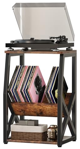 MIN WIN 3 Etagen Plattenspieler-Ständer, Aufbewahrung von Schallplatten, bis zu 80 Alben, Beistelltisch, Tisch für Wohnzimmer, Schlafzimmer, vintagebraun