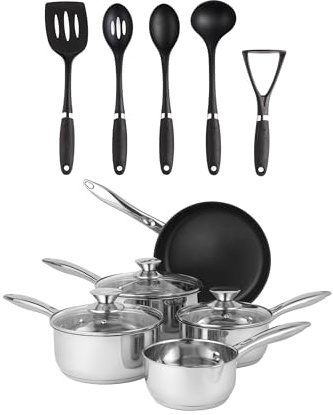 Russell Hobbs 10-Piece Pan & Utensil Set – Milk Pan, 3 Saucepans & Frying Pan, Stainless Steel, Includes Glass Lids, Masher, Slotted Turner, Slotted Spoon, Solid Spoon, Ladle, Durable Nylon Utensils