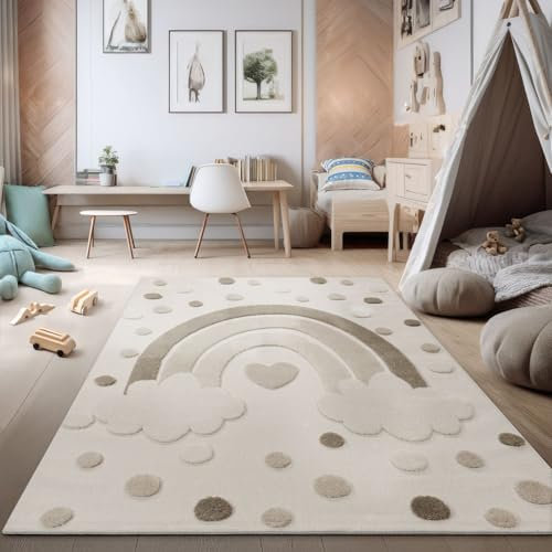 TT Home Alfombra para habitación Infantil Alfombra de Juego Motivo Arco Iris Efecto 3D Estructura en Bucle Suaves Tonos Naturale, Tamaño:80x150 cm