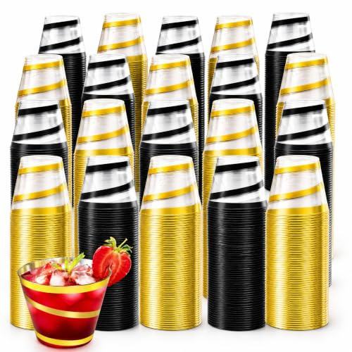 YIMITEE Confezione da 100 bicchieri in plastica trasparente da 255 ml, con bordo dorato, usa e getta, per cocktail e feste, resistenti, eleganti, per Natale, feste singole (nero, oro)