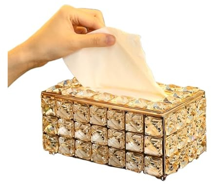 Crystal Glass Tissue Box Cover Home Hotel Car Pen Holder Tools Cosmetic Accessories Desktop Storage Racks Decoration Paper Towel(Golden tissue box)