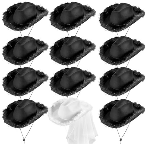 TESIN 12 Stück Cowboyhüte für Damen im Western-Stil –11 Schwarze & 1 Weißer Braut-Hut mit Schleier –Fluffy Cowgirl-Hüte für Hochzeit, Junggesellinnenabschied, Festival & Motto-Party