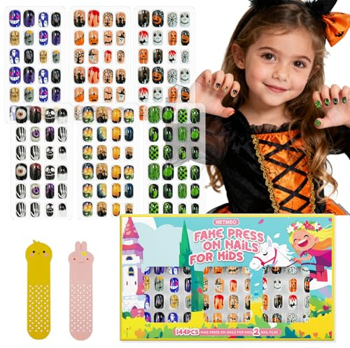144 Stück Halloween-Kunstnägel für Kinder, kurze Aufdrücknägel mit Vorkleber, süßes Set mit vollständigen Acryl-Spitzen, Geschenk für Mädchen und Kinder, Nagelkunst-Dekoration (Halloween)