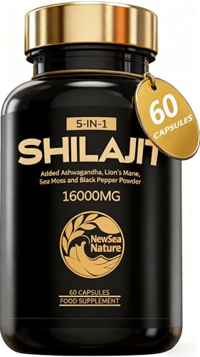 NewSeaNature Shilajit Capsules - 16000MG Premium Shilajit for Men - 5-in-1 with Ashwagandha 2000mg,Seamoss 2000mg,Hericium erinaceus 500mg,Black Pepper 35mg- 60 Capsules