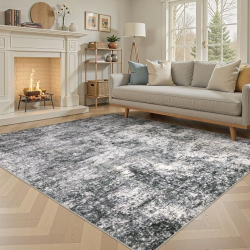 DMOYEST Alfombras lavables para sala de estar, alfombra grande abstracta neutra moderna, suave, antideslizante, pelo bajo, 160 x 230 cm, color gris