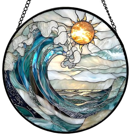 Blue Wave Stained Glass Window Hanging, Acrylic Garden Wall Art Outdoor, Colorful Window Wall Hanging Ornament, Suncatcher Glasses Panels for Christmas Thanksgiving Housewarming Gift