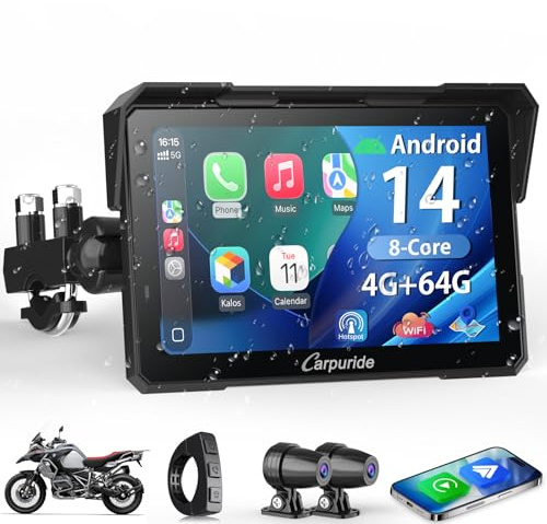 Carpuride W702 Plus 8 Kern Android 14 Motorrad Carplay Bildschirm mit Dual Kameras, Kabellos CarPlay und Android Auto, 7 Wasserdichter Touchscreen, BT Audio, Loop-Aufnahme, Online/Offline Navigation.