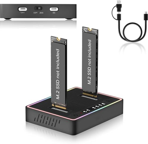 M.2 NVMe SATA SSD Cloner Dock, Dual NVMe SATA SSD Enclosure, 20Gbps USB3.2 Gen 2X2 SSD to USB Adapter,M.2 Duplicator Cloner for Both (M Key,B+M Key) Tool-Free,Support Offline Clone-RGB