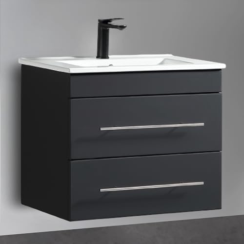 Alpenberger Badmöbel Set mit Waschbecken | Badschrank mit 2 Schubladen | Hängeschrank Bad | Waschtisch mit Unterschrank | Badezimmer Möbel | Waschbeckenunterschrank Schwarz Matt 60 cm