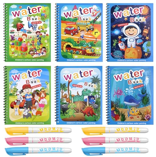 MOSTFUN 6 Pieces Water Magic Colouring Books, Water Painting Books for Kids | with 6 Water Pens, Reusable Dinosaurs Space Underwater Water Paint Book for Kids 3-6 Year Old Boys Girls