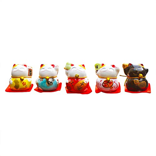 lyrlody Confezione da 5 Mini Gatti Maneki Neko, Statuette di Gatti Portafortuna Giapponesi Dalle Linee Fluide e Dai Colori Vivaci, da Tavolo o Scaffale Auto