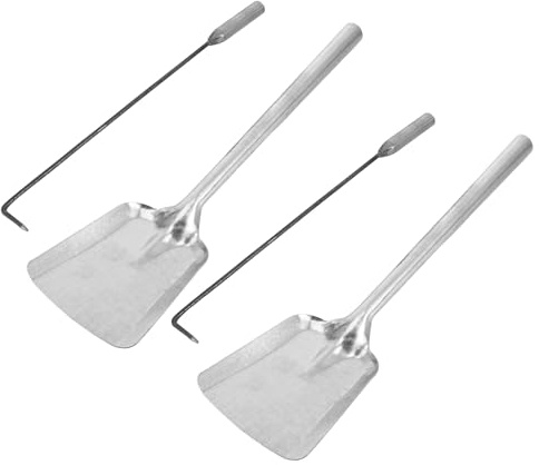 Uonlytech Pelle à Cendres Longue et Tisonnier en Fer Forgé 4 Pièces – Ensemble de 2 Pelles et 2 Crochets pour Cheminée, Barbecue et Feu de Camp – Outils Robustes pour Foyer Intérieur