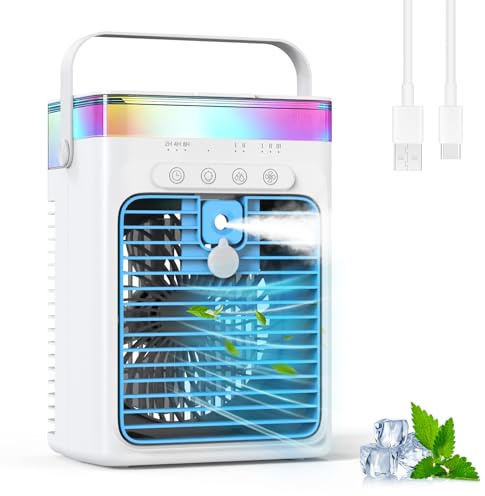 Aire Acondicionado Portátil, 3-en-1 Enfriador por Evaporación con 3 Velocidades y 2 Modos de Niebla, 1000ml Mini Aire Acondicionado, Ventilador USB con Luz RGB y Timer para Oficina Coche Camping