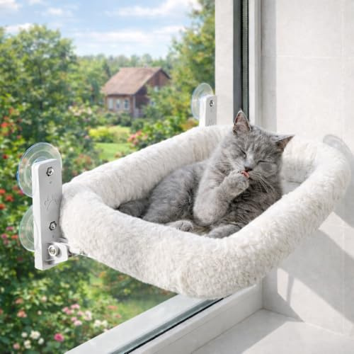 Hamac Chat Fenêtre avec Ventouses Renforcées – Lit Suspendu Réversible Été/Hiver – Perchoir Stable Jusqu’à 18 kg – Couchage Pliable en Hauteur – Taille L/XL – Blanc ou Gris (Blanc, Extra Large)