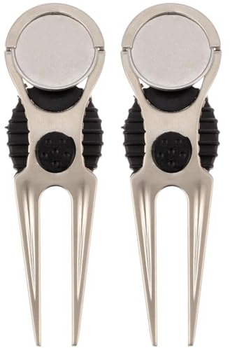 ORFOFE 2 Stück Golf Divot Werkzeug aus Zinklegierung mit Rostfreier Pitchgabel und Kompakter Dekorativer Ballmarker für Golfplatzpflege