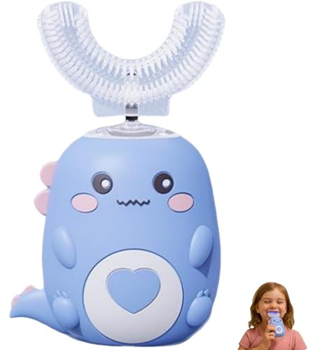 Lulabini DinoBrush 360° Kinder Ultraschall-Zahnbürste, U-förmige Elektrische Kinderzahnbürste Wasserdicht (Blau 7-12 Jahre)