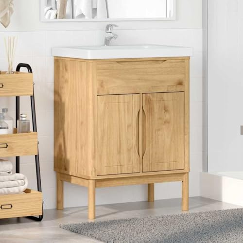 VIHHQGC Armadietto lavabo con mensola Floro marrone cera, 60 x 40 x 80 cm, in legno di pino massiccio, funzionale mobili da bagno con spazio e pratici manici per bordi, semplice