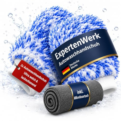 Experten Werk Waschhandschuh Auto 2er Set, Mikrofaser- Handschuh Autowäsche | Extra saugstark, lackschonend & kratzfrei, für Lack, Glas & Felgen, elastisches Bündchen, inkl. Mikrofasertuch, 90°C waschbar