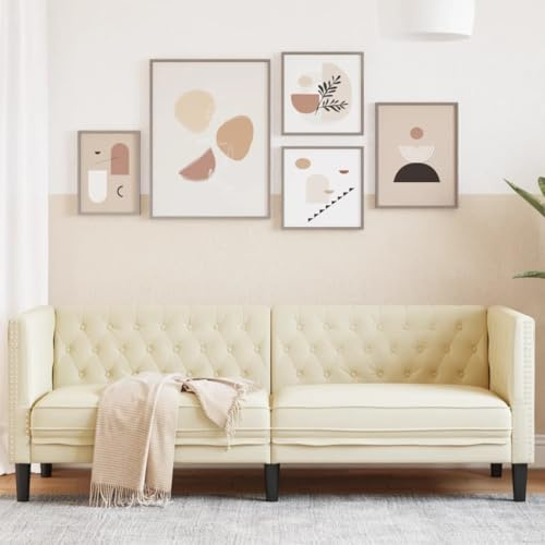 Kaloriko Chesterfield-Sofa 3-Sitzer Creme Kunstleder mit gepolsterten Sitzflächen, stabilen Stützbeinen, 194 x 74,5 x 70,5 cm, komfortable Polstergarnitur für Wohnzimmer, Büro und Lounge