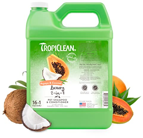 TropiClean Shampoo für Haustiere - Luxus 2 in 1 - Reinigt, Spendet Feuchtigkeit, pflegt Haut & Fell I Für Hunde & Katzen I Parabens-, Farbstoff- und Seifenfrei - Papaya & Kokosnuss, 3,78 L