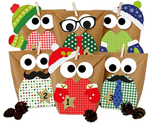 Papierdrachen Adventskalender 2025 zum Befüllen - 24 Eulen-Tüten im Rot-Grün-Weihnachtsdesign - DIY Set mit Aufklebern zum Basteln für Kinder