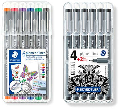 Staedtler Pigment Liner Fineliner 6er Set, mit Box (1x Sortiert 0,3mm + 1x Standard Set Schwarz)