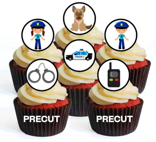 24 essbare essbare Cupcake-Topper, Motiv: Polizei, Sheriff-Thema, Rettungsdienste, essbare Cupcake-Dekorationen – stehende Scheiben, Kuchendekorationen