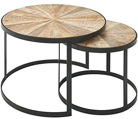 Wohnling Design Couchtisch 2er Set Mango Massivholz Satztisch Rund, Wohnzimmertisch mit Metallbeine Braun, Tischset 2-teilig Satztisch Holz/Metall Schwarz