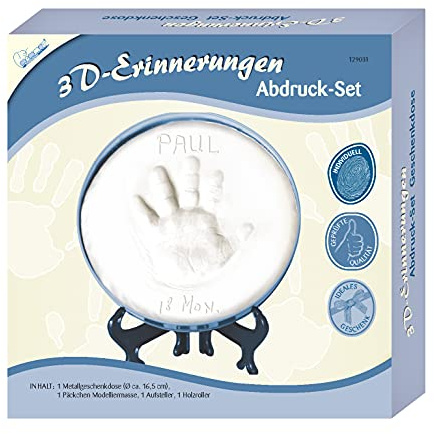 Mammut 129031-3D Erinnerungen Abdruck-Set Geschenkdose in blau, Komplettset für Baby Fuß/Handabdruck, mit Metalldose, 1 Päckchen Modelliermasse, 1 Aufsteller & 1 Holzroller, Kreativset für Eltern