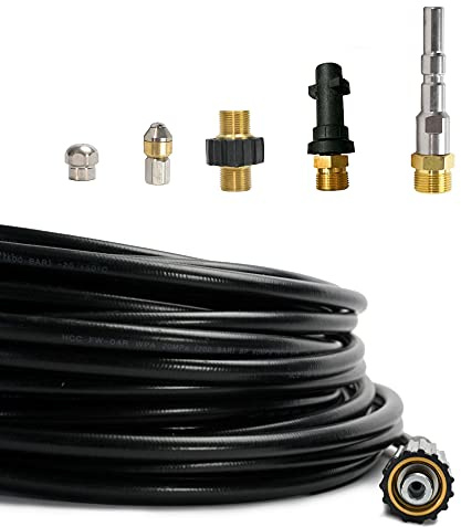 M&M Smartek Rohrreinigungsschlauch 8m, 6-teilig für Profi-Geräte | Set mit M22-, Bajonett- und KEW-Adapter sowie 2 Düsen; geeignet für verschiedene Profi- und Hobby-Hochdruckreiniger.