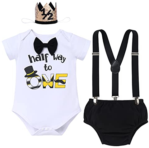 Baby-Kuchen-Smash-Outfit für Neugeborene, 1/2 halber Weg zu einem Geburtstag, mit Fliege, Strampler + Windelhose + Y-Rücken Hosenträger + Geburtstagshut, 4-teiliges Set, Gentleman-Kleidung,