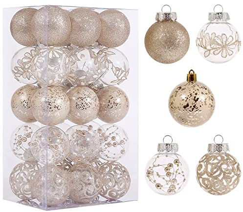 60mm/2.36inch Clear Christmas Ornaments Set, 30ct Champagne Christmas Ornaments Balls for Christmas Tree Decorations Shatterproof Transparent Baubles with Stuffed Decoration for Xmas Wedding Party