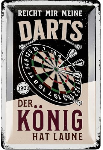 LANOLU Retro Blechschild Dart - Bar und Partykeller Dekoration - Irish Pub Deko - lustiges Geschenk für Männer - Darts Schild DER KÖNIG HAT LAUNE 180 SCORE - vintage Metallschild 20x30cm