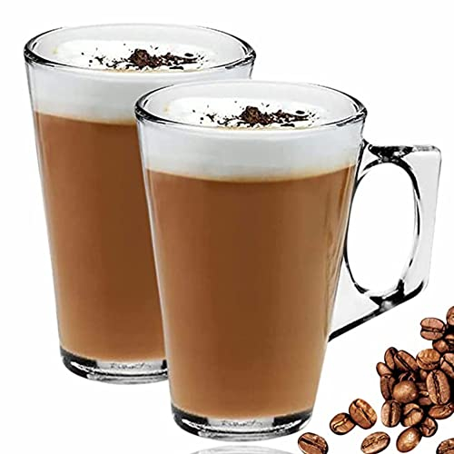 GOLDY Cafe Latte Glasses 240ml Capacity Coffee Cup with Handles for Serious Lovers Stylish Clear Tall Mugs Ideal Milk Juice Ice Cream Espresso Cappuccino Hot Chocolate Or Drinks (Set of 2)
