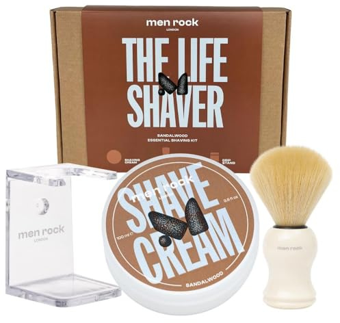 Men Rock The Life Shaver Sandelholz Rasierset Männer - Inklusive Rasiercreme, Synthetischem Rasierpinsel & Rasierpinselhalter