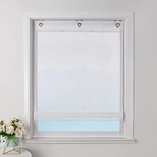 ESLIR Raffrollo ohne Bohren Weiß Raffgardine mit Ösen Transparent Gardinen mit U-Haken Ösenrollo Modern Bestickt Weiß BxH 80x140cm 1 Stück