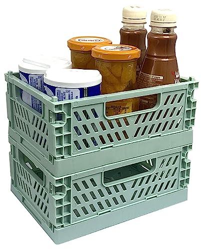 RHBHY Klappbox Klein Klappkiste Klappboxen Faltbar Stabil 2stk Mini Klappkorb Kunststoff Stabil Aufbewahrungskorb Stapelbehälter Organizer Platzsparend für Kleinkram und Kosmetik (Grün)