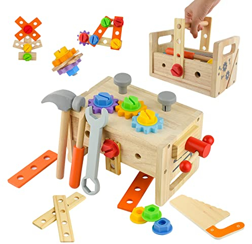 Kikuo 24PCS Holz Werkzeug Kinder, Werkzeugkoffer Kinder, Rollenspielzeug Werkkoffer Kinders, Educational Kleinkind Spielzeug Werkzeugkoffer Kinders ab 2 Jahre Alte Mädchen und Jungen
