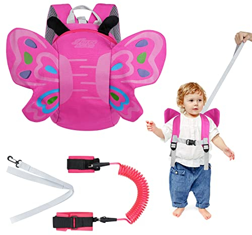 Aomig Kinder Sicherheitsleine, 4 in 1 Toddler Walking Harness, Kinderleine Rucksack, Kleinkinder Rucksack mit Anti-Verlust Handgelenk Armband (Rosa Schmetterling)