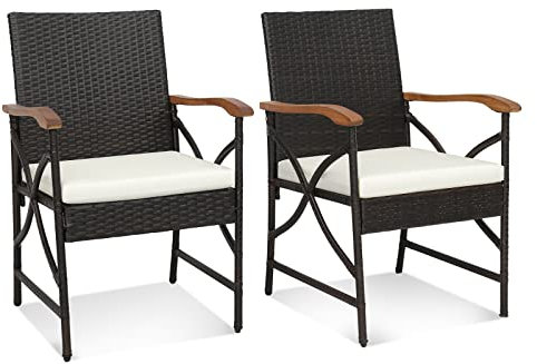 COSTWAY Fauteuil de Jardin Éxterieur Lot de 2 avec Coussins, Chaise Jardin Exterieur en Rotin PE avec Accoudoirs en Bois, Cadre en X, Hauteur d'Assise 40 cm, pour Salon, Terrasse, Patio