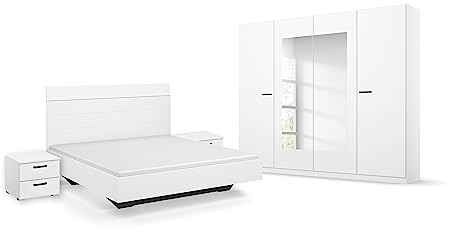 Rauch Möbel Florenz, Schlafzimmer-Set, Farbe Weiß, 4-teilig | Set bestehend aus Bett, Liegefläche 180x200cm, 2 Nachttische 2 Schubladen 40x36x40cm, Kleiderschrank mit Spiegel 226x210x54cm