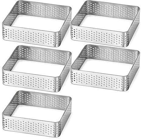 Gathukila Molde de acero inoxidable perforado para tartaleta, forma cuadrada, herramienta para hornear, 5 unidades