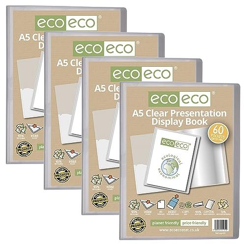 eco-eco Präsentationsbuch, A5, 50% recycelt, 60 Taschen, transparent, Aufbewahrungsbox, Portfolio-Kunstmappe mit Kunststoffhüllen, 4 Stück, eco131 x 4