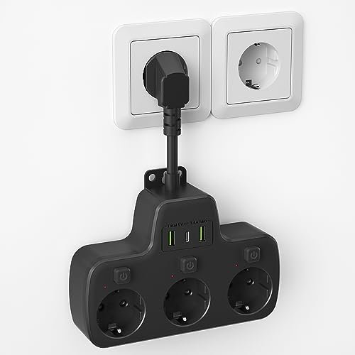 Presa Multipla con Interruttori Indipendenti, Ciabatta Multipresa con USB C, Multipresa da Parete 3 Prese e 3 USB Caricatori, Ciabatta Elettrica Presa Adattatore Schuko Salvaspazio Cavo 0,1 M,Nero