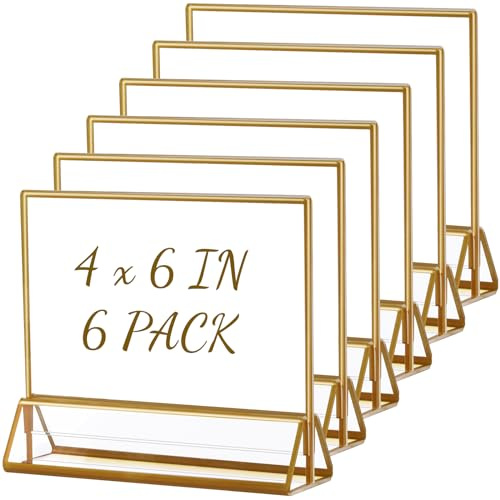 Boxalls Acrylic Sign Holders 4x6 in Gold, 6 Pack Picture Frame Table Number Wedding Holder, Horizontal Photo Stand Double Sided, Menu Recipe Restaurant Reserved Display Centerpieces Bulk Frames
