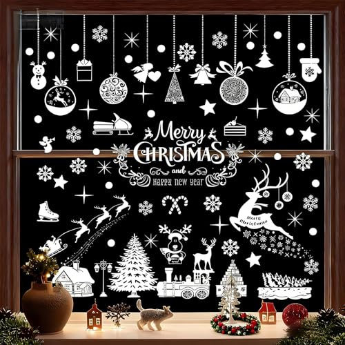 236 Stück Fensterbilder Weihnachten, Schneeflocken Fensterdeko Weihnachtsmann Selbstklebend Fensterbilder für Weihnachts, Fensterfolie Winter pvc aufkleber Fenster Weihnachts deko (Weihnachten B)