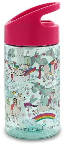 Tyrrell Katz Kids Unicorns Printed Flip Top Drinking Bottle with Straw - Dishwasher Safe Lightweight Girls School Water Flask - 400 ml