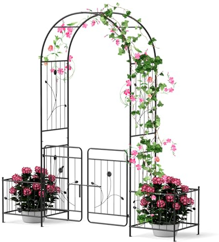 RELAX4LIFE Arche de Jardin avec Treillis 218cm, Arche Extérieure avec Portail et 2 Jardinières, Arche en Métal Robuste pour Plantes Grimpantes, Décorations pour Terrasse Jardin Arrière-Cour, Noir